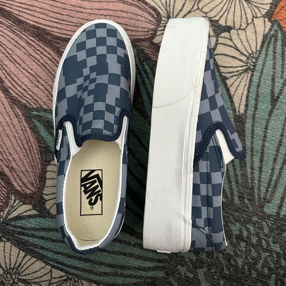 LIKE NEW blue patchwork/checkerboard platform vans